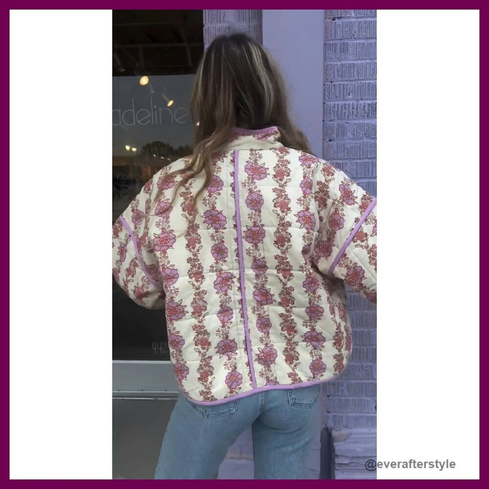 Cropped Puffer Quilted Jacket Vintage Floral Print Open Front Lightweight Y2K - Picture 6 of 8